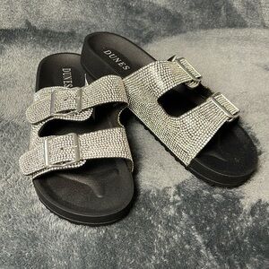 Silver Embellished Double-Buckle Slide Sandals for Women